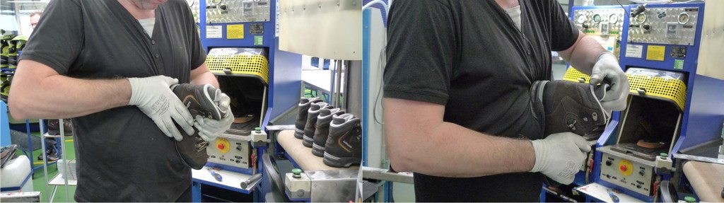 Výroba pohorek Lowa - ruční spojení svršku a podešve